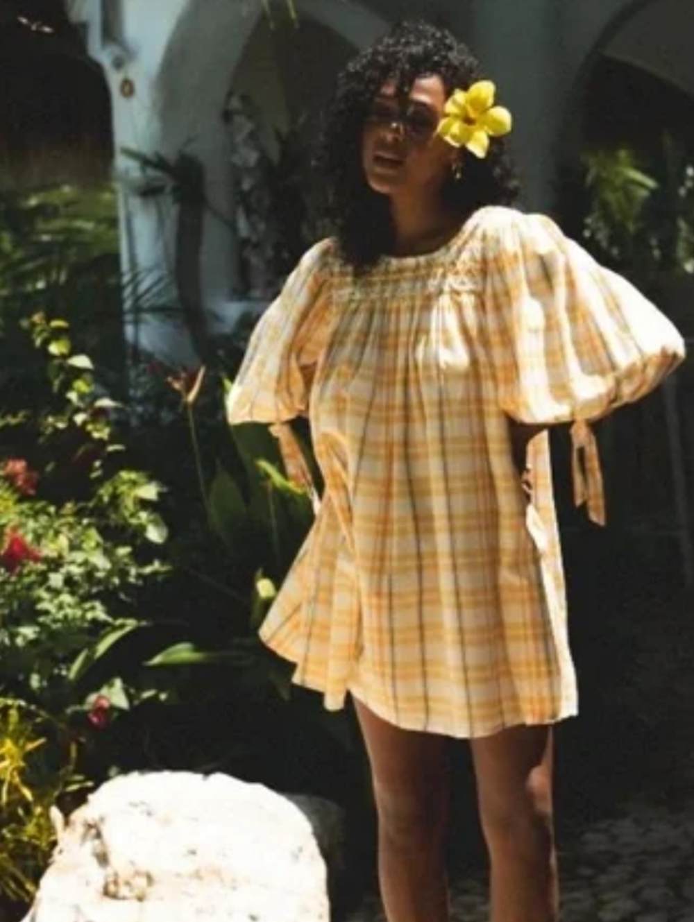 Daughters Of India Yellow Plaid Smocked-Waist Women's Dress